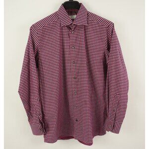 Eton York Men's Large Red Blue Plaid Twill Cotton Cutaway Collar Button Up Shirt